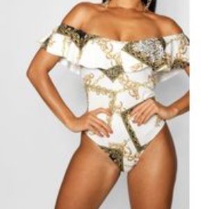 Chain Print Ruffle Bandeau Swimsuit